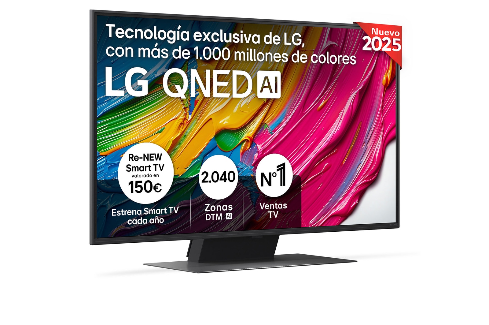 Vista frontal del televisor LG QNED81, con el logotipo LG QNED AI en la esquina superior. El televisor LG QNED TV ofrece texturas coloridas similares a la pintura que se unen.