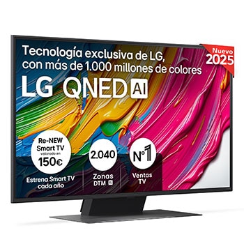 Vista frontal del televisor LG QNED81, con el logotipo LG QNED AI en la esquina superior. El televisor LG QNED TV ofrece texturas coloridas similares a la pintura que se unen.