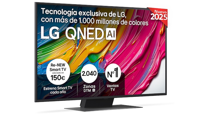 Vista frontal del televisor LG QNED81, con el logotipo LG QNED AI en la esquina superior. El televisor LG QNED TV ofrece texturas coloridas similares a la pintura que se unen.