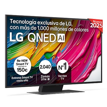 Vista frontal del televisor LG QNED81, con el logotipo LG QNED AI en la esquina superior. El televisor LG QNED TV ofrece texturas coloridas similares a la pintura que se unen.