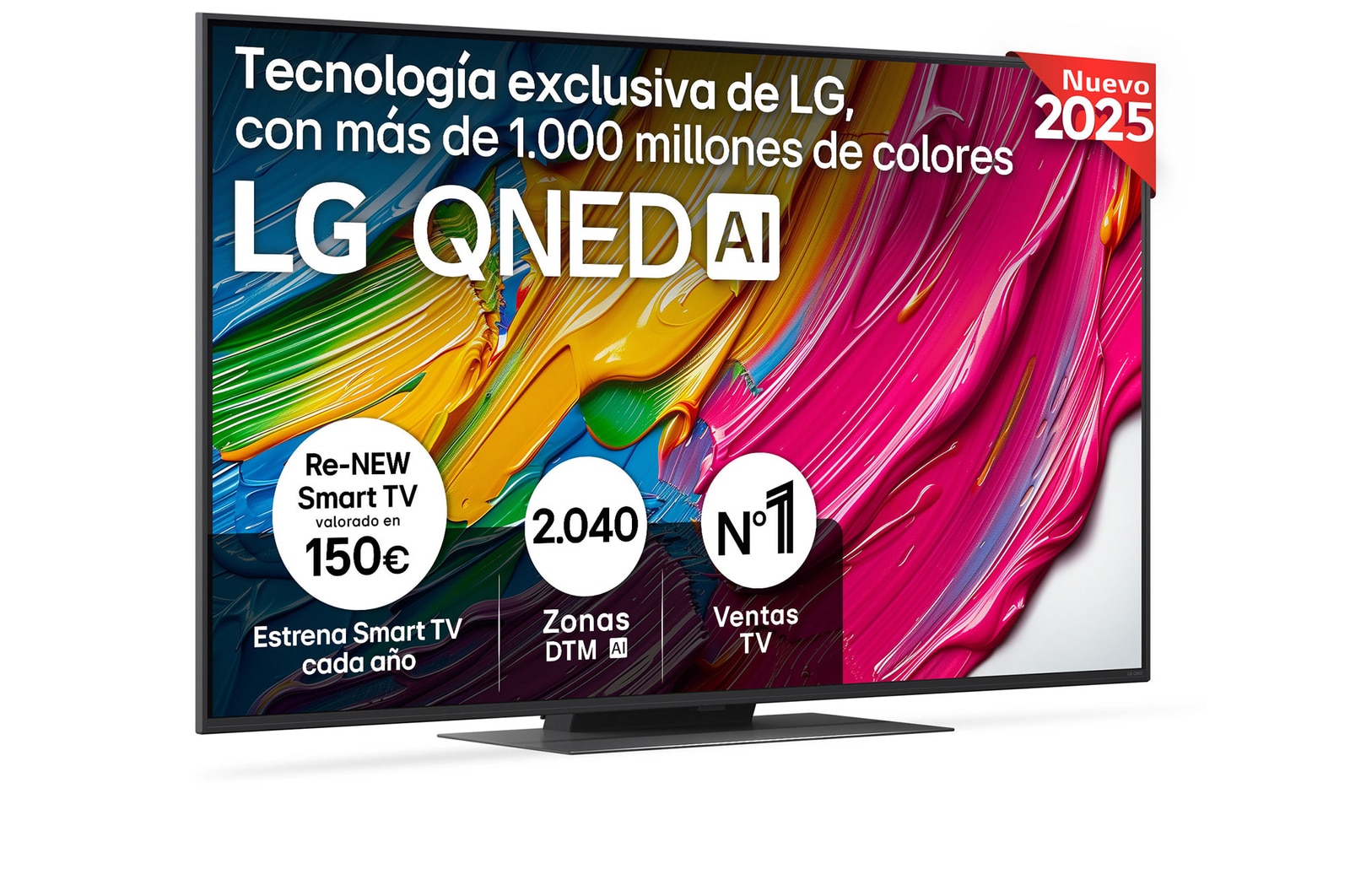 Vista frontal del televisor LG QNED81, con el logotipo LG QNED AI en la esquina superior. El televisor LG QNED TV ofrece texturas coloridas similares a la pintura que se unen.