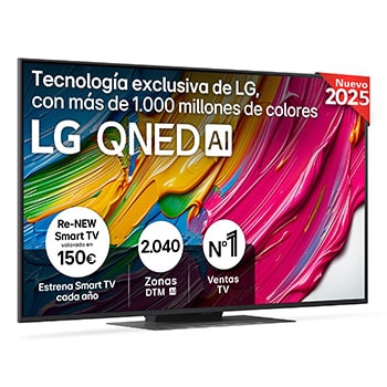 Vista frontal del televisor LG QNED81, con el logotipo LG QNED AI en la esquina superior. El televisor LG QNED TV ofrece texturas coloridas similares a la pintura que se unen.
