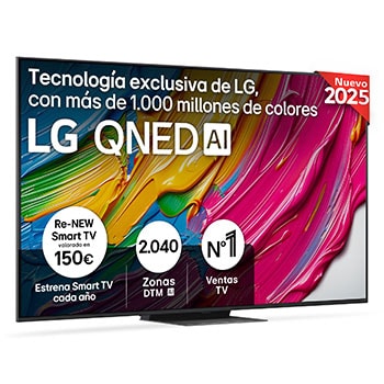 Vista frontal del televisor LG QNED81, con el logotipo LG QNED AI en la esquina superior. El televisor LG QNED TV ofrece texturas coloridas similares a la pintura que se unen.