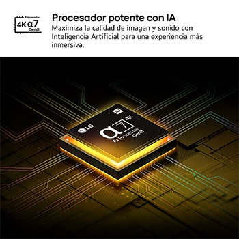 El procesador AI Processor Gen8 alpha 7 se enciende y emite destellos de luz amarillos. El título hace referencia a la calidad 4K, al color y al increíble brillo que el procesador ofrece.
