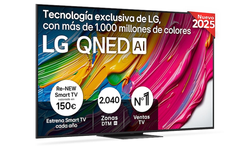 Vista frontal del televisor LG QNED81, con el logotipo LG QNED AI en la esquina superior. El televisor LG QNED TV ofrece texturas coloridas similares a la pintura que se unen.
