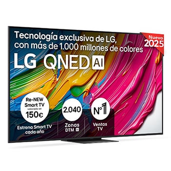 Vista frontal del televisor LG QNED81, con el logotipo LG QNED AI en la esquina superior. El televisor LG QNED TV ofrece texturas coloridas similares a la pintura que se unen.