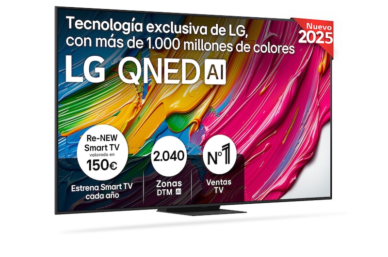 Vista frontal del televisor LG QNED81, con el logotipo LG QNED AI en la esquina superior. El televisor LG QNED TV ofrece texturas coloridas similares a la pintura que se unen.