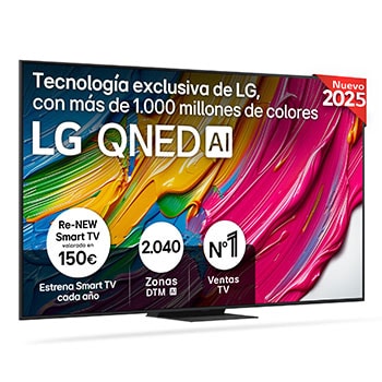 Vista frontal del televisor LG QNED81, con el logotipo LG QNED AI en la esquina superior. El televisor LG QNED TV ofrece texturas coloridas similares a la pintura que se unen.
