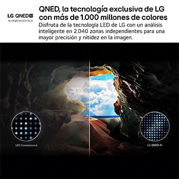 Vista frontal y lateral del televisor LG QNED AI QNED80 4K Smart TV en las que se muestran sus dimensiones (largo, ancho, alto y profundo).