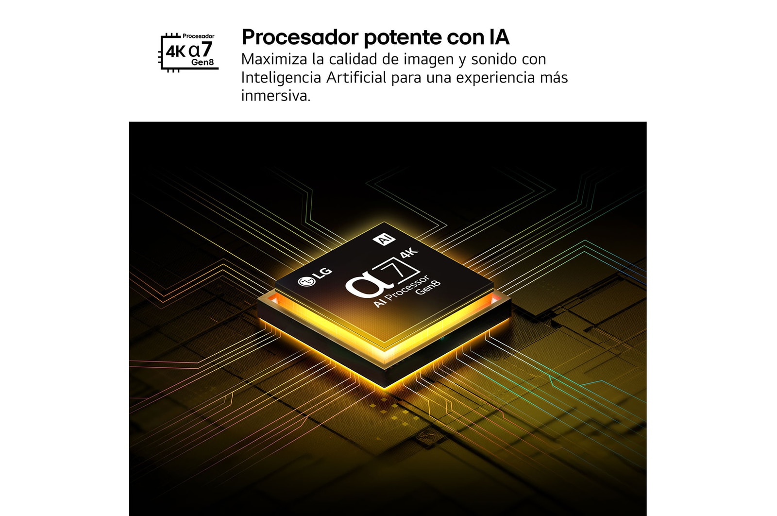 El procesador AI Processor Gen8 alpha 7 se enciende y emite destellos de luz amarillos. El título hace referencia a la calidad 4K, al color y al increíble brillo que el procesador ofrece.
