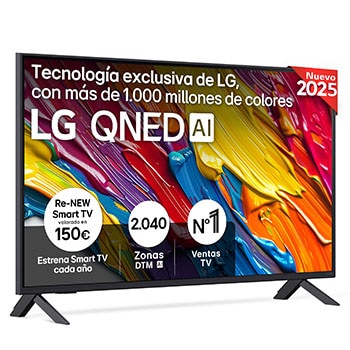 Front view of LG QNED82 TV, LG QNED Al Logo on the top corner. LG QNED TV depicts colorful paintike textures coming together.