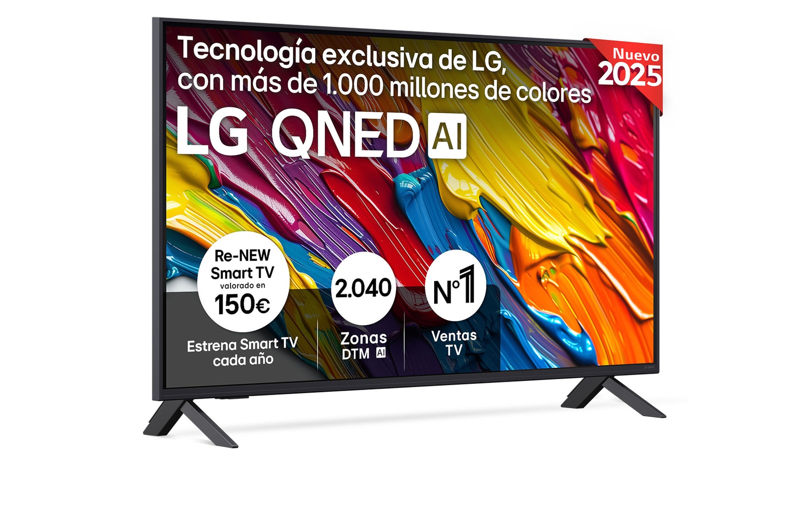 Front view of LG QNED82 TV, LG QNED Al Logo on the top corner. LG QNED TV depicts colorful paintike textures coming together.