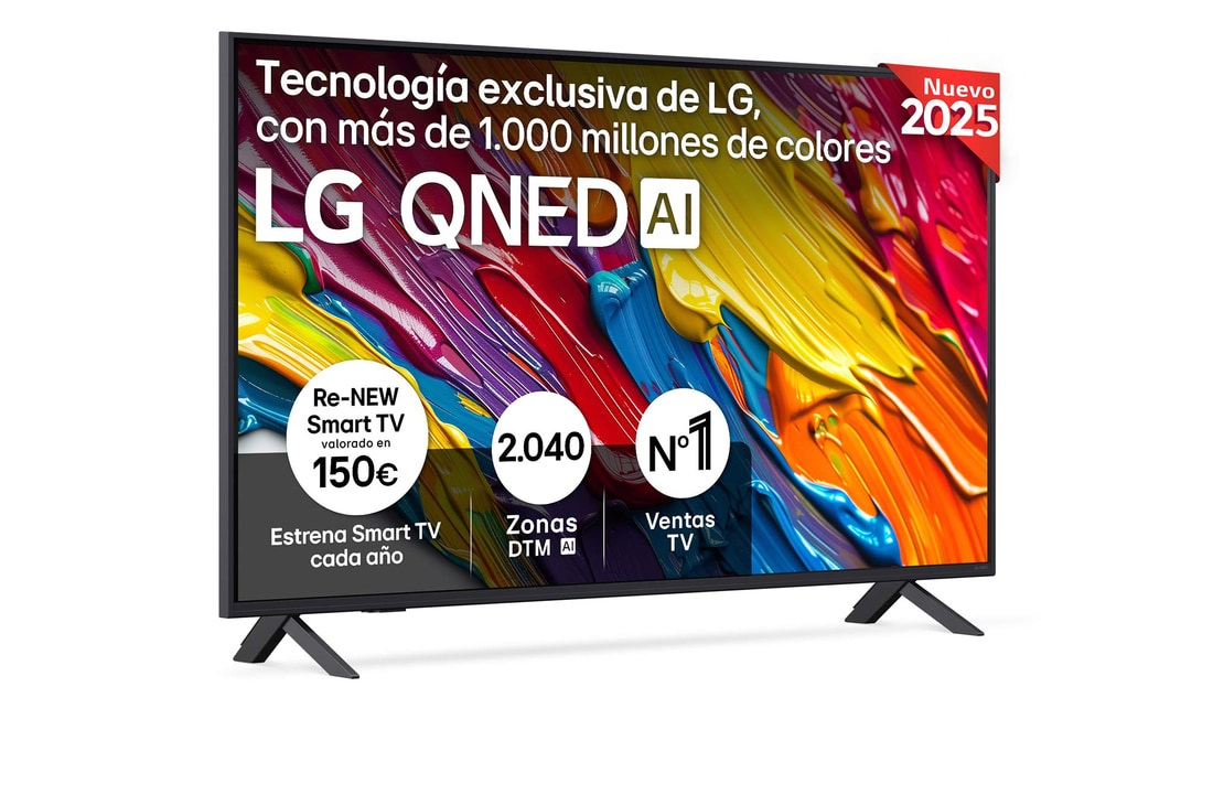 Front view of LG QNED82 TV, LG QNED Al Logo on the top corner. LG QNED TV depicts colorful paintike textures coming together.