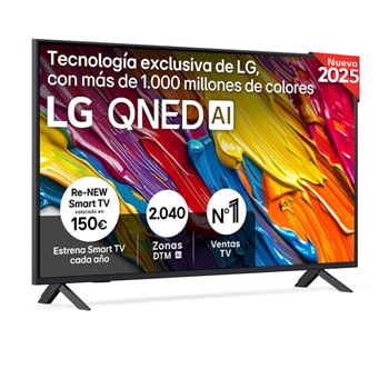 Front view of LG QNED82 TV, LG QNED Al Logo on the top corner. LG QNED TV depicts colorful paintike textures coming together.