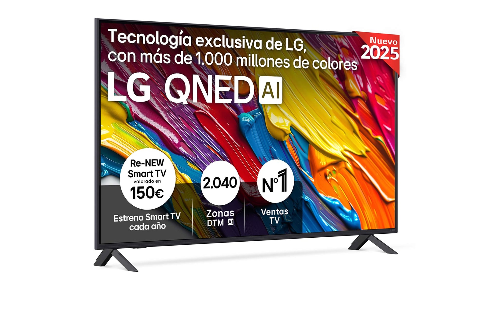 Front view of LG QNED82 TV, LG QNED Al Logo on the top corner. LG QNED TV depicts colorful paintike textures coming together.