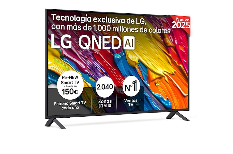 Front view of LG QNED82 TV, LG QNED Al Logo on the top corner. LG QNED TV depicts colorful paintike textures coming together.