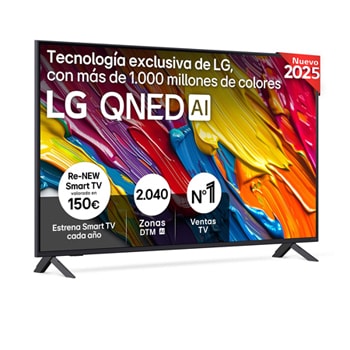 Front view of LG QNED82 TV, LG QNED Al Logo on the top corner. LG QNED TV depicts colorful paintike textures coming together.