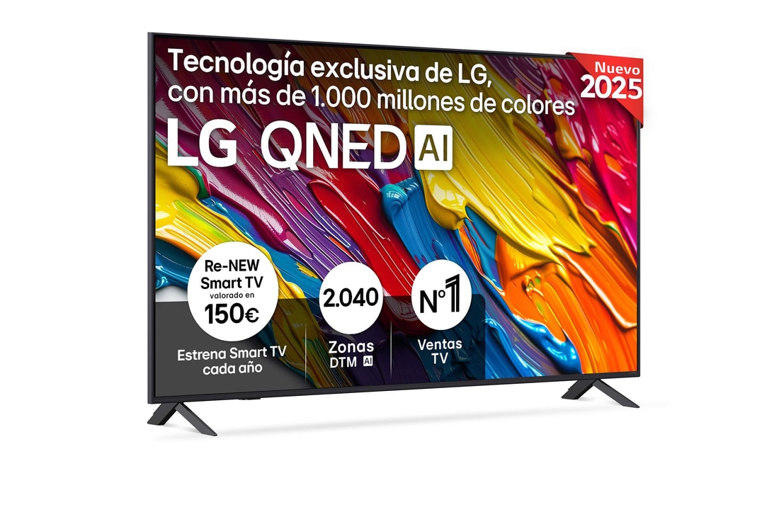 Front view of LG QNED82 TV, LG QNED Al Logo on the top corner. LG QNED TV depicts colorful paintike textures coming together.