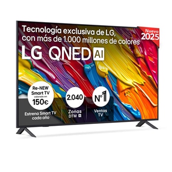 Front view of LG QNED82 TV, LG QNED Al Logo on the top corner. LG QNED TV depicts colorful paintike textures coming together.