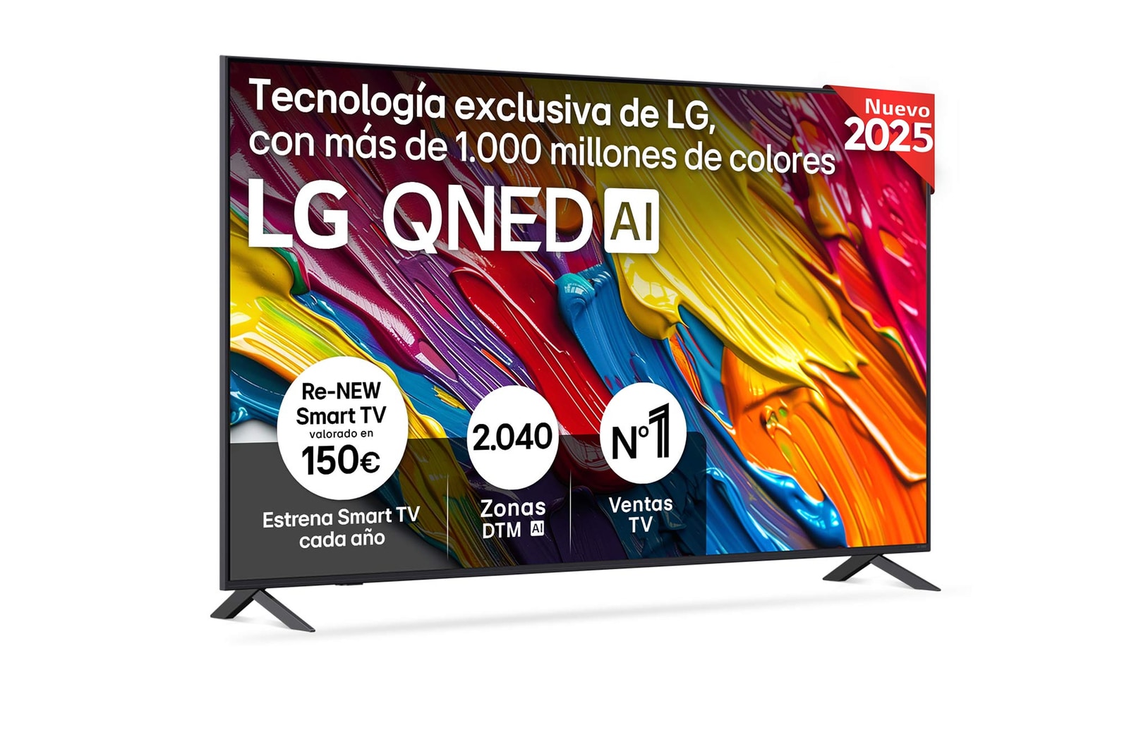 Front view of LG QNED82 TV, LG QNED Al Logo on the top corner. LG QNED TV depicts colorful paintike textures coming together.