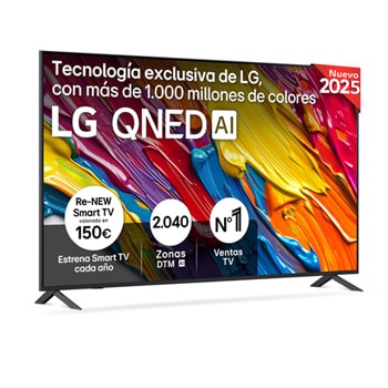 Front view of LG QNED82 TV, LG QNED Al Logo on the top corner. LG QNED TV depicts colorful paintike textures coming together.