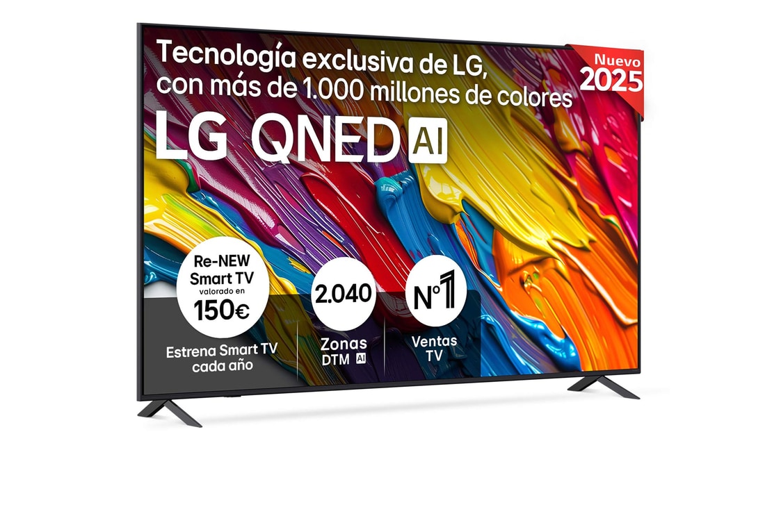 Front view of LG QNED82 TV, LG QNED Al Logo on the top corner. LG QNED TV depicts colorful paintike textures coming together.