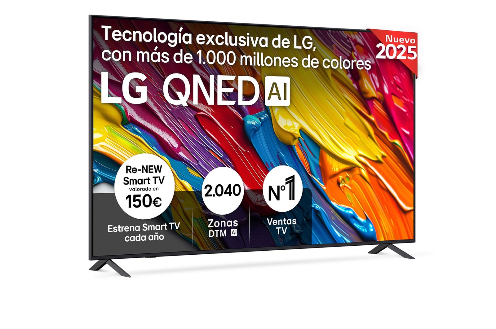 Front view of LG QNED82 TV, LG QNED Al Logo on the top corner. LG QNED TV depicts colorful paintike textures coming together.