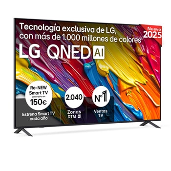 Front view of LG QNED82 TV, LG QNED Al Logo on the top corner. LG QNED TV depicts colorful paintike textures coming together.