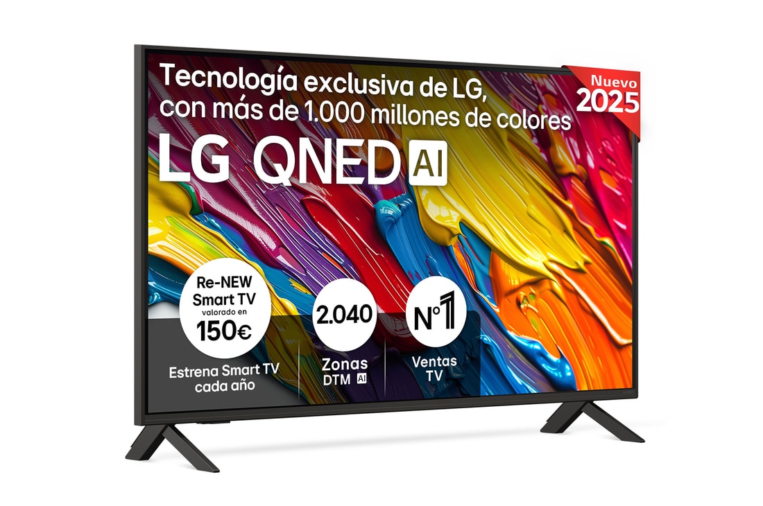 Front view of LG QNED82 TV, LG QNED Al Logo on the top corner. LG QNED TV depicts colorful paintike textures coming together.