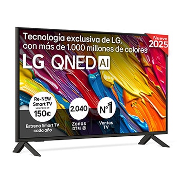 Front view of LG QNED82 TV, LG QNED Al Logo on the top corner. LG QNED TV depicts colorful paintike textures coming together.