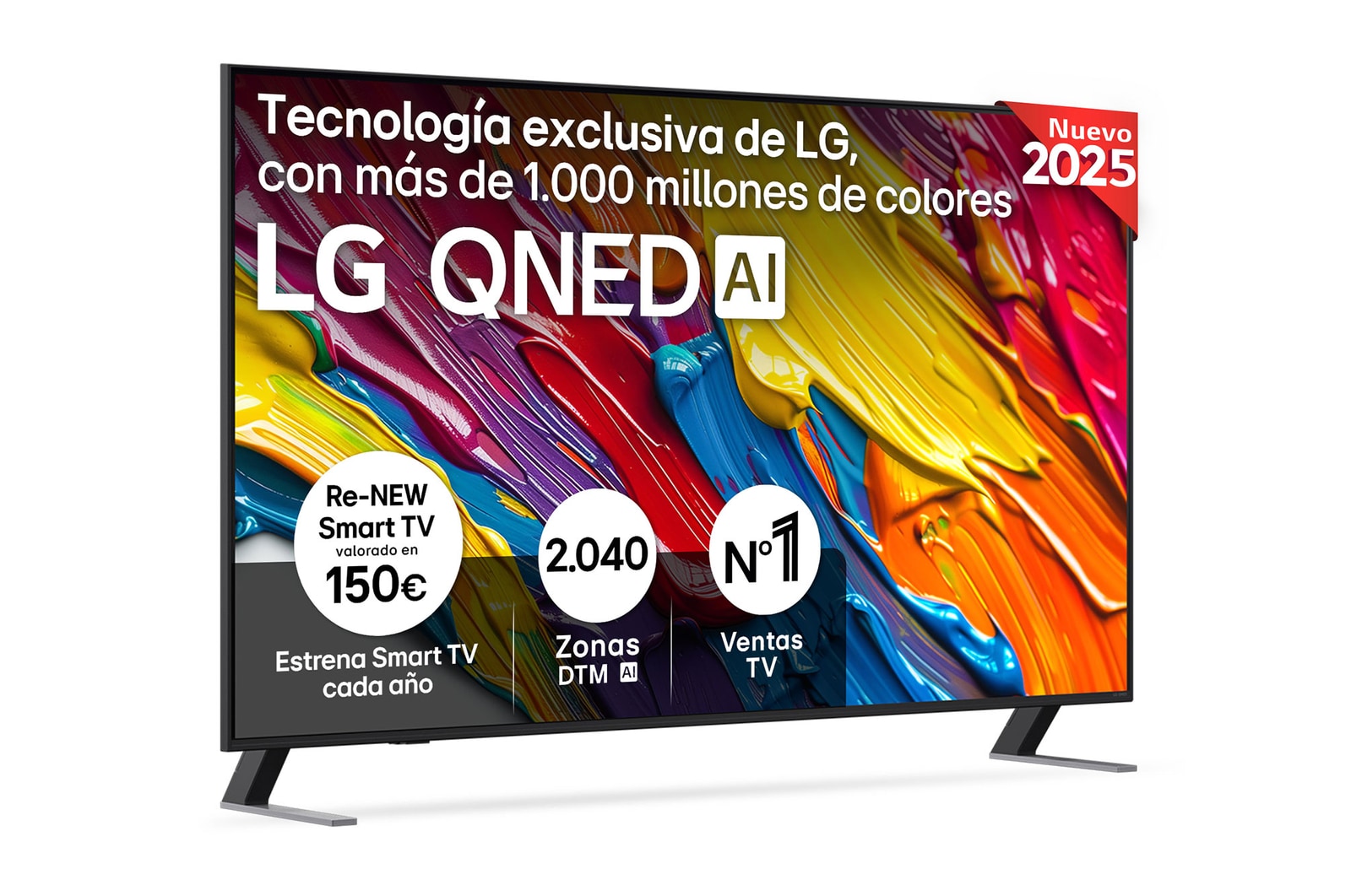 Front view of LG QNED82 TV, LG QNED Al Logo on the top corner. LG QNED TV depicts colorful paintike textures coming together.