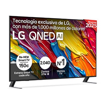 Front view of LG QNED82 TV, LG QNED Al Logo on the top corner. LG QNED TV depicts colorful paintike textures coming together.
