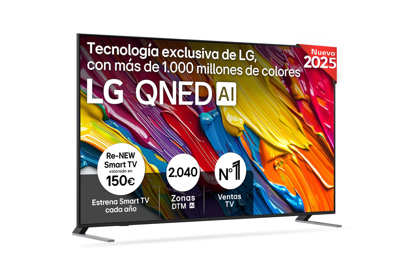 Front view of LG QNED82 TV, LG QNED Al Logo on the top corner. LG QNED TV depicts colorful paintike textures coming together.