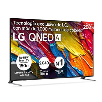 Front view of LG QNED82 TV, LG QNED Al Logo on the top corner. LG QNED TV depicts colorful paintike textures coming together.