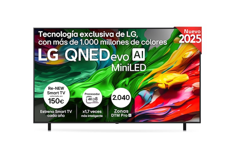 Vista frontal de TV LG QNED evo, con el logotipo LG QNED evo AI en la esquina de arriba. El televisor LG QNED evo ofrece texturas coloridas similares a la pintura que se unen.