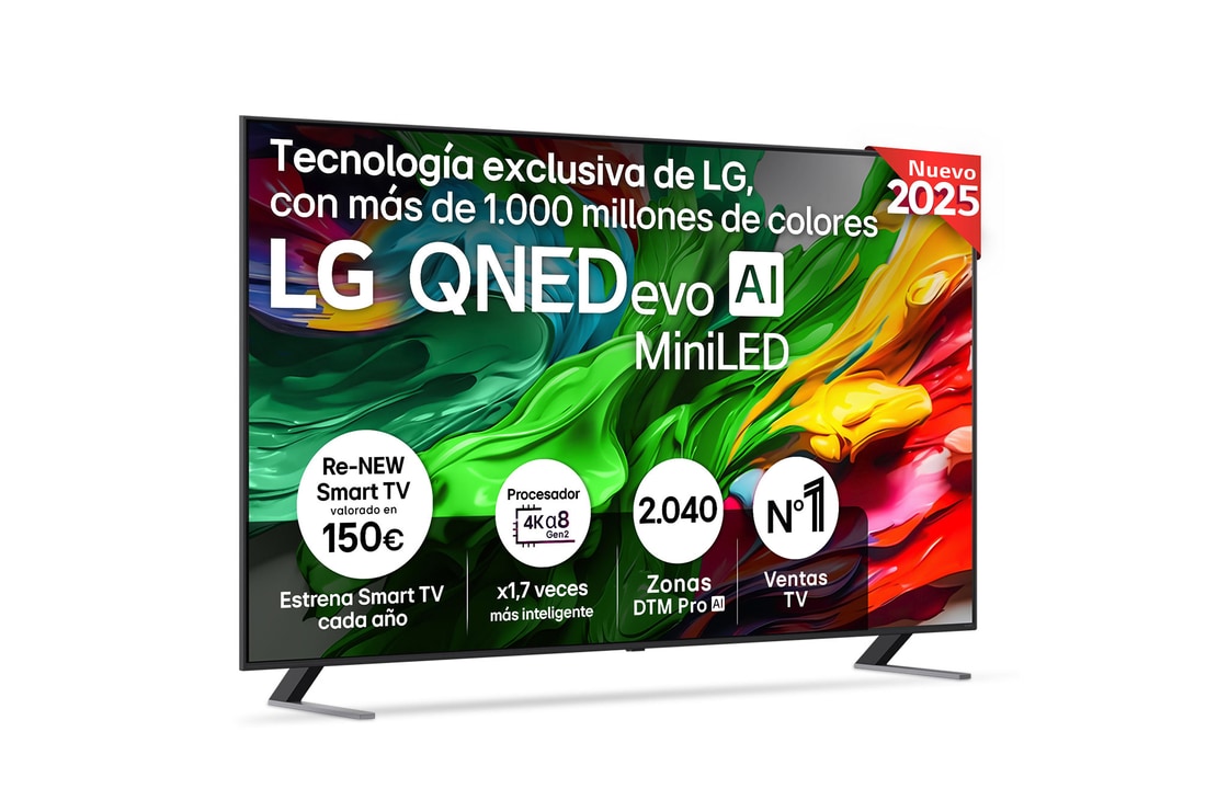 Vista lateral ligeramente inclinada hacia la derecha del televisor LG QNED evo