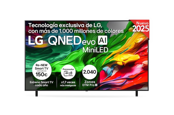 Vista frontal de TV LG QNED evo, con el logotipo LG QNED evo AI en la esquina de arriba. El televisor LG QNED evo ofrece texturas coloridas similares a la pintura que se unen.