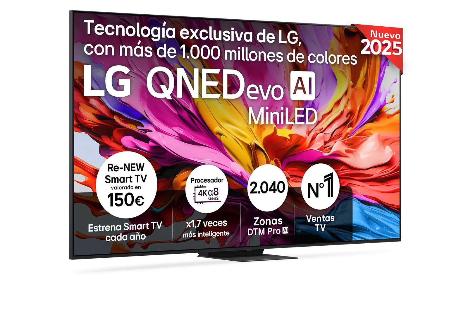 Vista lateral ligeramente inclinada hacia la derecha del televisor LG QNED evo