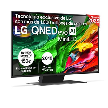 Vista lateral ligeramente inclinada hacia la derecha del televisor LG QNED evo