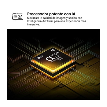 El procesador alpha 8 AI Processor Gen2 se enciende y emite destellos de luz naranjas y rosas. El título hace referencia a la calidad 4K, al color y al increíble brillo que el procesador ofrece. En el texto de la imagen se puede leer “aproximadamente procesamiento neuronal de la IA 1,7 veces mayor que la NPU y 1,4 veces más rápido que la CPU”.