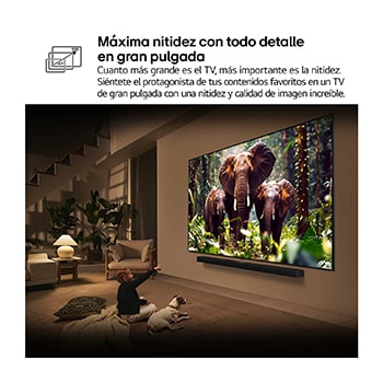Una niña y un perro están sentados frente a un televisor LG QNED TV montado en una pared con una barra de sonido LG Soundbar. En pantalla muestra a tres elefantes caminando hacia adelante. El título hace referencia a cómo cada acción es más emocionante en una pantalla gigante.