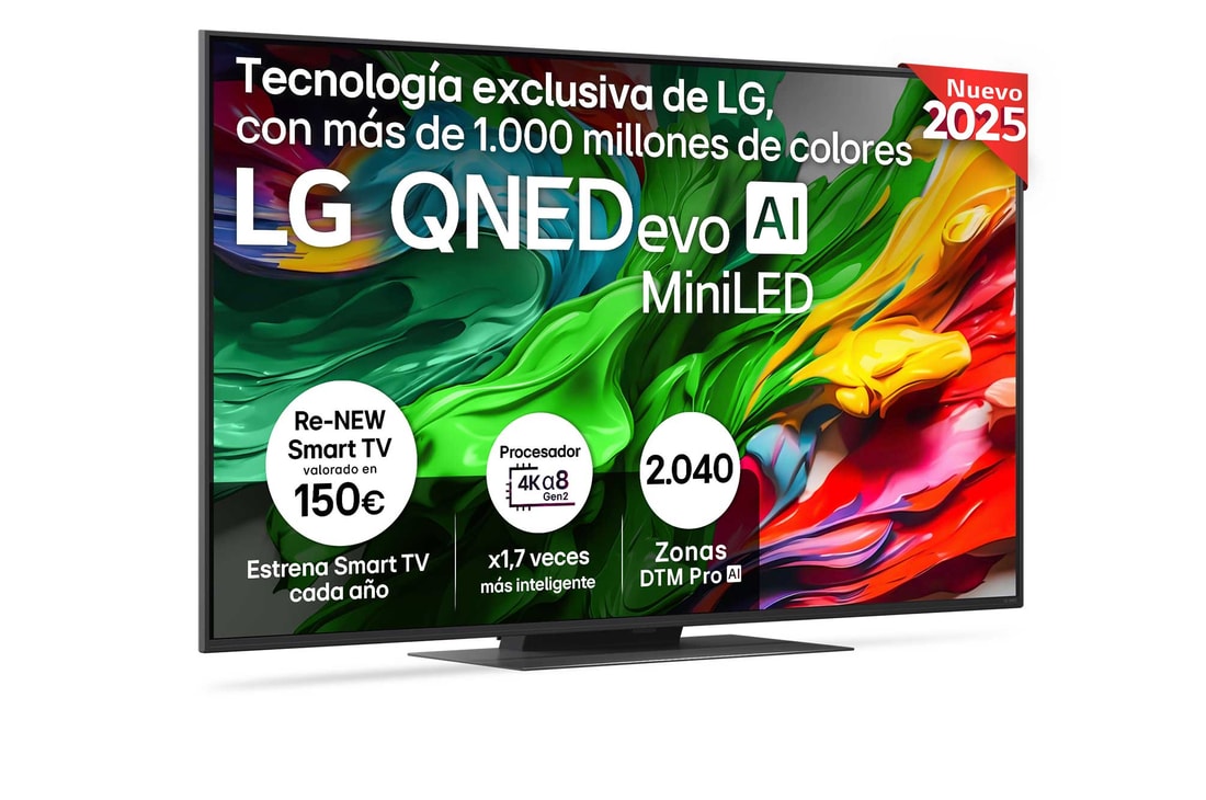 Vista lateral ligeramente inclinada hacia la derecha del televisor LG QNED evo