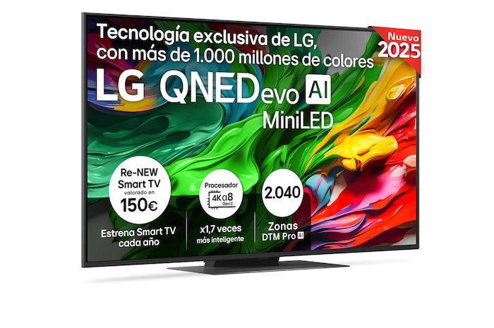 Vista lateral ligeramente inclinada hacia la derecha del televisor LG QNED evo