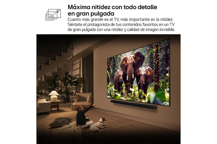 Una niña y un perro están sentados frente a un televisor LG QNED TV montado en una pared con una barra de sonido LG Soundbar. En pantalla muestra a tres elefantes caminando hacia adelante. El título hace referencia a cómo cada acción es más emocionante en una pantalla gigante.