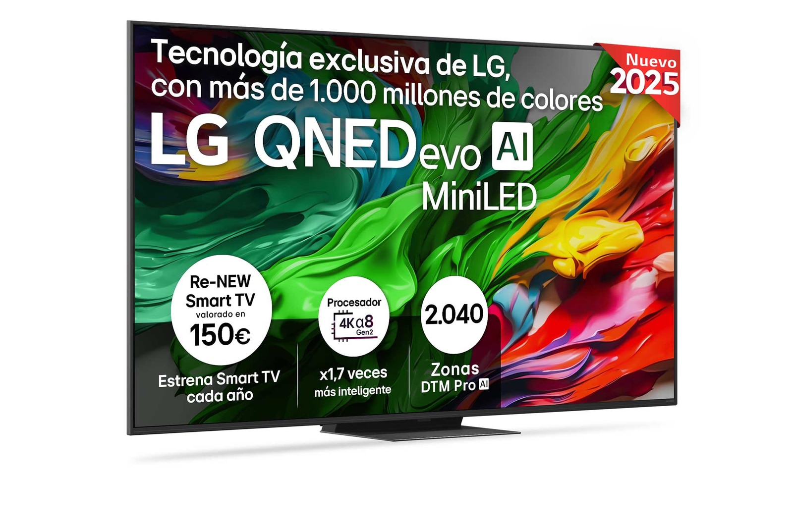 Vista lateral ligeramente inclinada hacia la derecha del televisor LG QNED evo