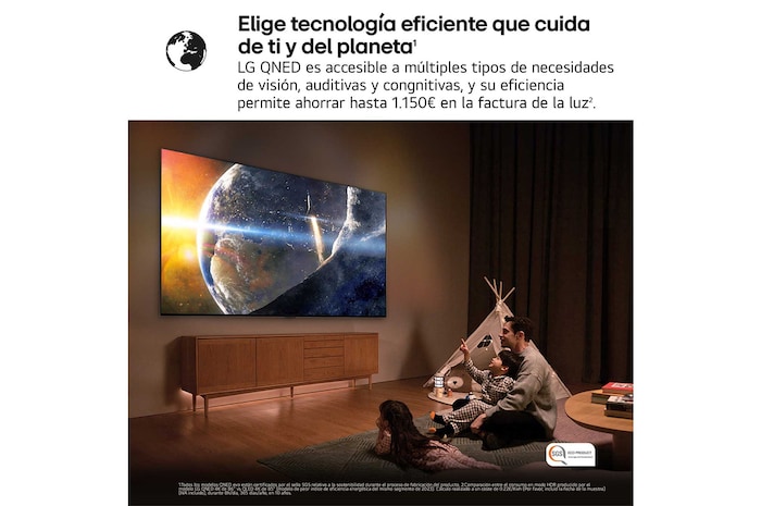 Una niña y un perro están sentados frente a un televisor LG QNED TV montado en una pared con una barra de sonido LG Soundbar. En pantalla muestra a tres elefantes caminando hacia adelante. El título hace referencia a cómo cada acción es más emocionante en una pantalla gigante.