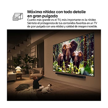 Una niña y un perro están sentados frente a un televisor LG QNED TV montado en una pared con una barra de sonido LG Soundbar. En pantalla muestra a tres elefantes caminando hacia adelante. El título hace referencia a cómo cada acción es más emocionante en una pantalla gigante.