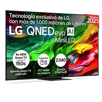 Vista lateral ligeramente inclinada hacia la derecha del televisor LG QNED evo