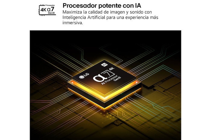El procesador alpha 8 AI Processor Gen2 se enciende y emite destellos de luz naranjas y rosas. El título hace referencia a la calidad 4K, al color y al increíble brillo que el procesador ofrece. En el texto de la imagen se puede leer “aproximadamente procesamiento neuronal de la IA 1,7 veces mayor que la NPU y 1,4 veces más rápido que la CPU”.