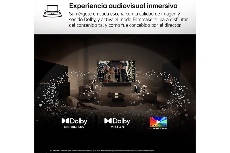 AI Magic Remote de LG en primer plano. El icono del botón AI está resaltado. En el fondo aparece la interfaz de usuario de webOS de LG. El cursor del ratón implica que se está usando el mando a distancia. El texto explica cómo las funciones del mando a distancia y los controles hacen que la navegación en webOS sea más sencilla. 